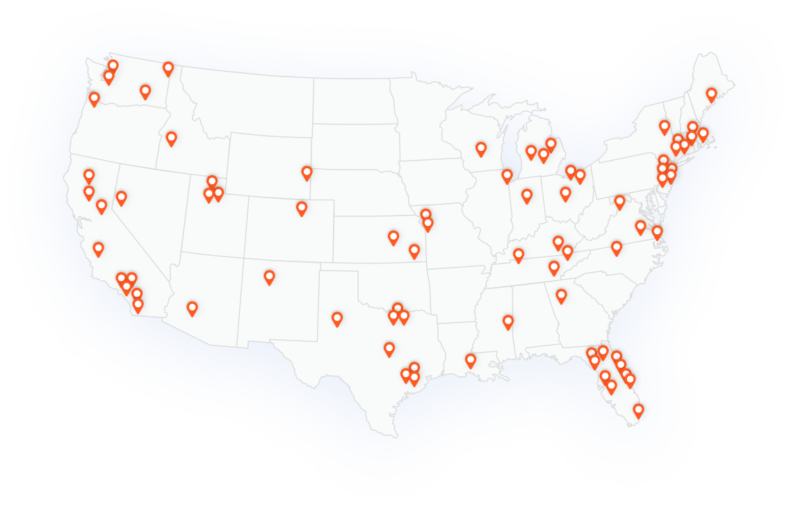 Illustration of approximate locations of employees on United States map