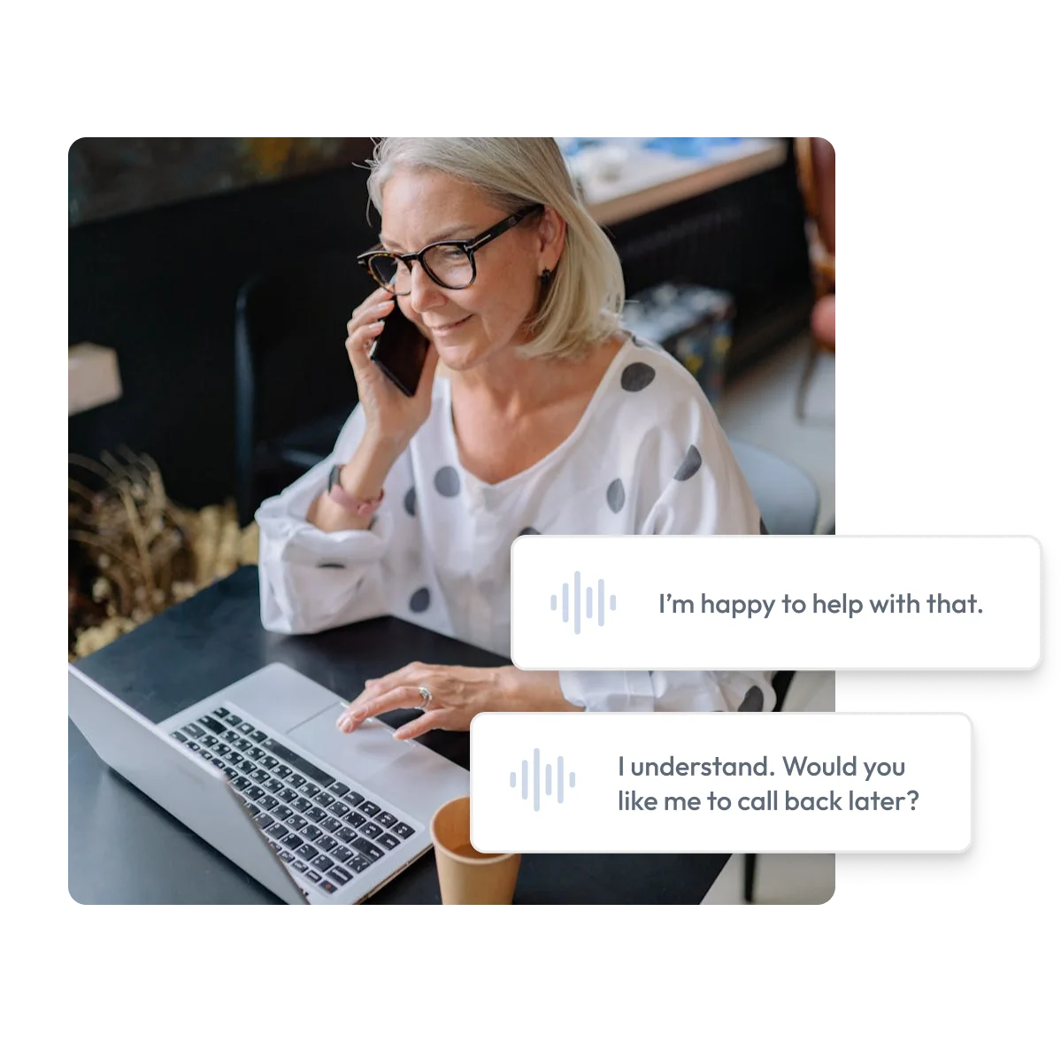 Photograph of a Medicare beneficiary speaking on a cell phone while using a laptop.
